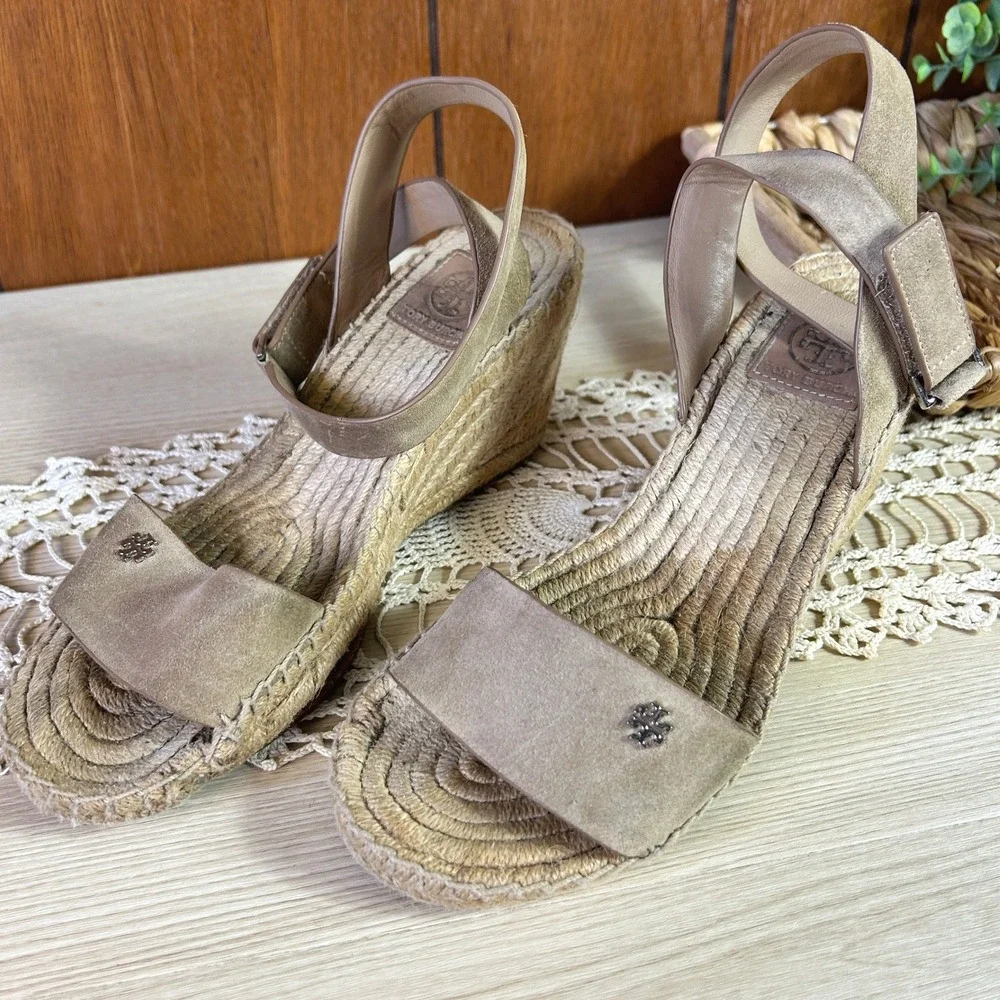 Tory Burch Tan Suede Espadrille Wedge Sandals Women's Size‎ 8